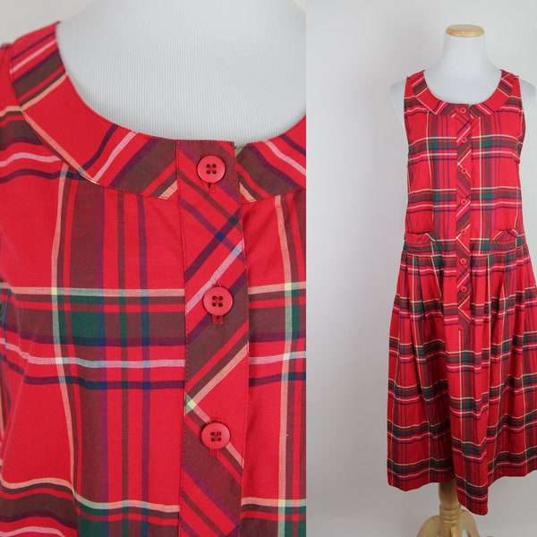 Vintage 80s Red Plaid Sundress, SMALL, Dropwaist Shift Dress, Sleeveless Dress, Preppy Plaid School Dress, Lightweight Cotton Dress