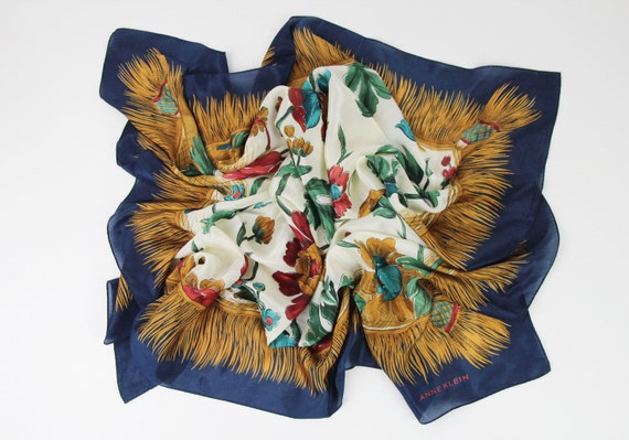 Vintage 90s Baroque Floral Print Silk Scarf, 35" … - image 1