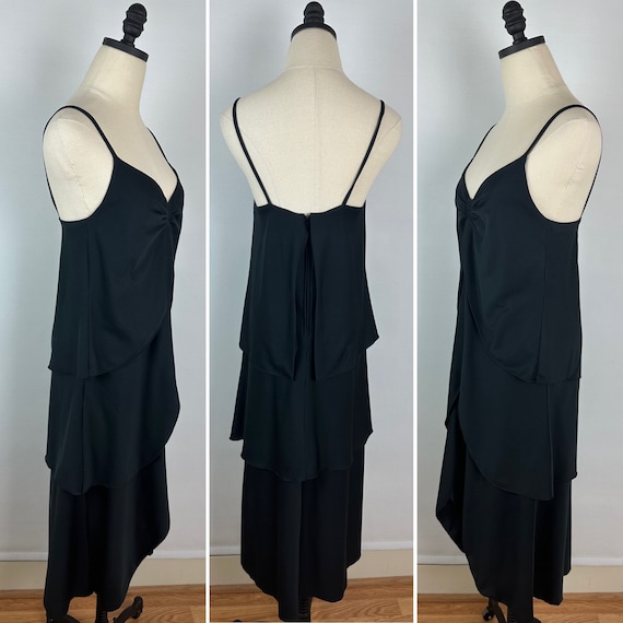 Vintage 70s Tiered Midi Dress SMALL Black Polyest… - image 1