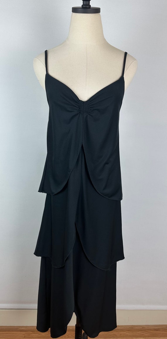 Vintage 70s Tiered Midi Dress SMALL Black Polyest… - image 2