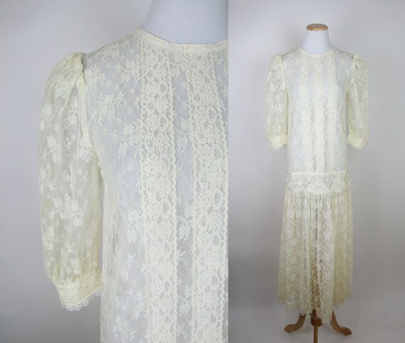 Vintage 80s does 20s Sheer Floral Lace Dropwaist D