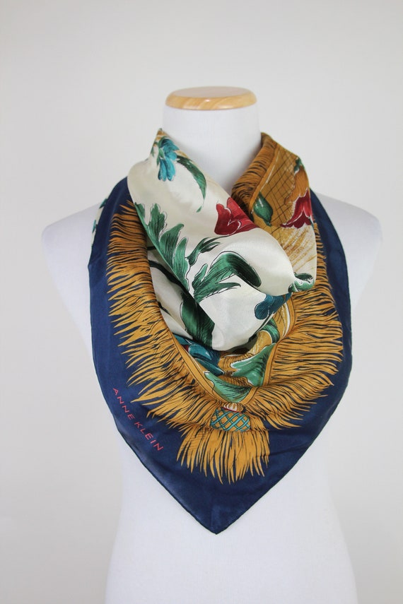 Vintage 90s Baroque Floral Print Silk Scarf, 35" … - image 4