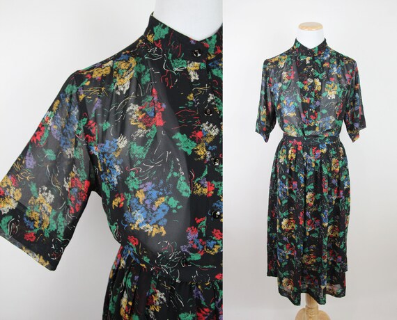 Vintage Black Abstract Floral Print Skirt Set, S /