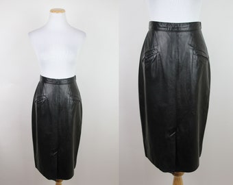 Vintage 80s Black Leather Pencil Skirt, XS - 25" High Waist, Lightweight Buttery Soft Leather, Hip Pockets, Knee Length, Sexy, Minimalist