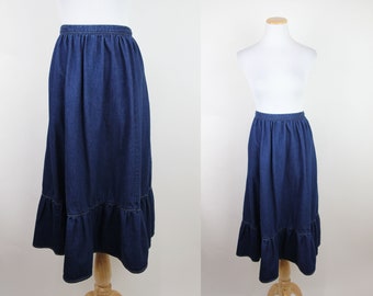Farmhouse Prairie Style Skirt Button Down Full Skirt 29 Waist Vintage 1980's High Waist Navy Blue Full Skirt by AHA nyc