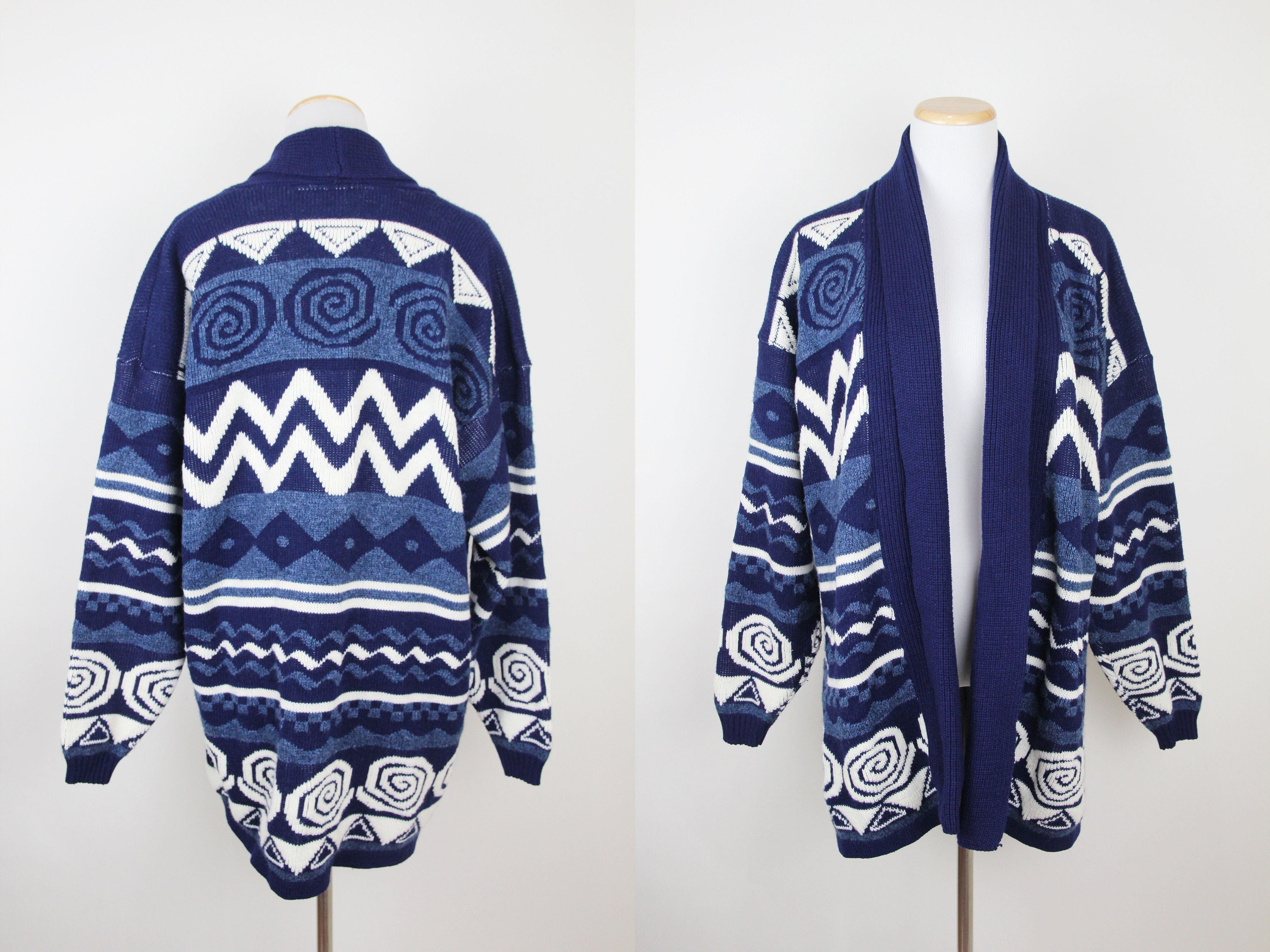 Vintage Southwestern Striped Sweater Duster, ONE SIZE, Vintage 90s Navy Blue Cardigan Sweater Jacket, Open Front Duster, Southwest Geometric Vintage Southwestern Striped Sweater Duster, ONE SIZE, Vintage 90s Navy Blue Cardigan Sweater Jacket, Open Front Duster, Southwest Geometric