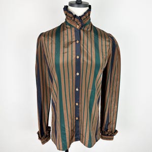 Vintage 80s Chocolate Brown Striped Secretary Blouse, SMALL, Ruffled High Neck, Polyester Satin, Forest Green Stripe, Preppy Blouse