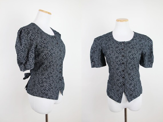 Vintage Ditsy Floral Print Puffed Sleeve Blouse, X