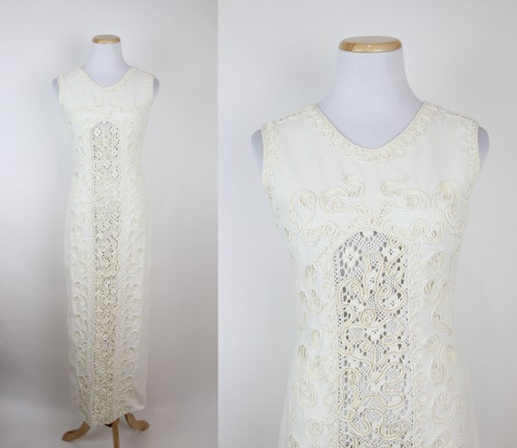 Vintage 70s Cream Cotton Lace Maxi Dress, XS, Unbl