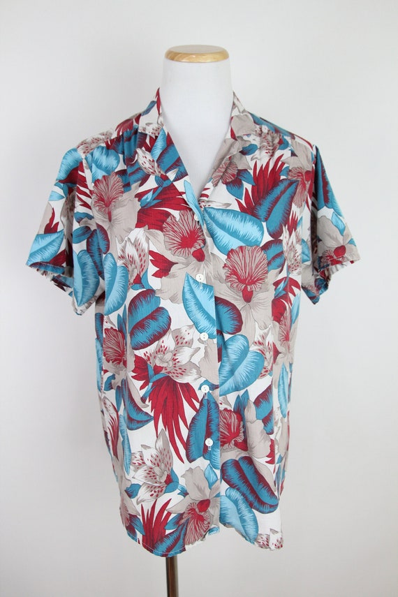 Vintage 90s Hawaiian Blouse, MEDIUM, Dark Jewel T… - image 1