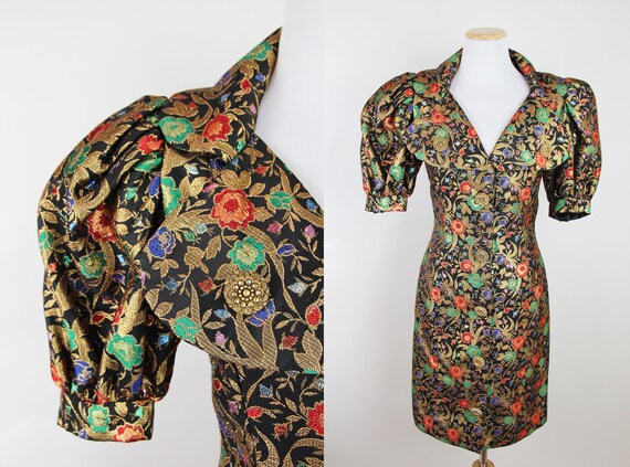 Vintage 80s VICTOR COSTA Gold Brocade Dress, 6 / S