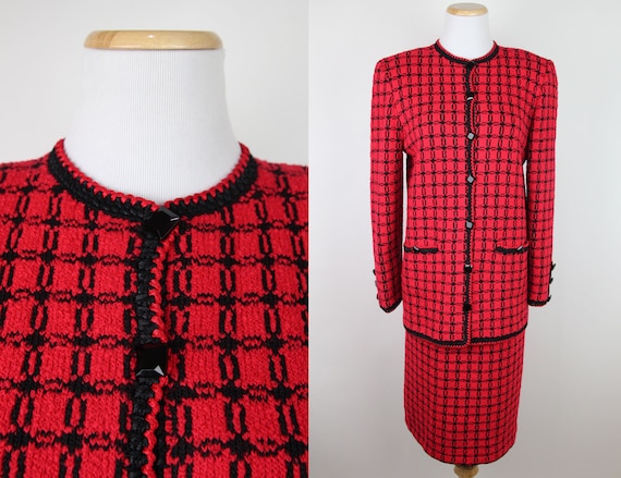 Vintage 80s Knit Power Suit, MEDIUM, Red and Black