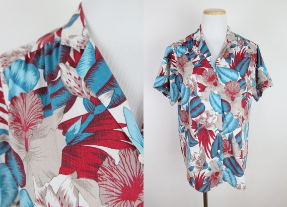 Vintage 90s Hawaiian Blouse, MEDIUM, Dark Jewel T… - image 2