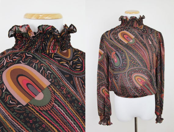 Vintage LILLIE RUBIN Sheer Geometric Print Blouse,