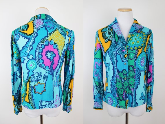 Vintage 60s Psychedelic Print Button Up Shirt, XS