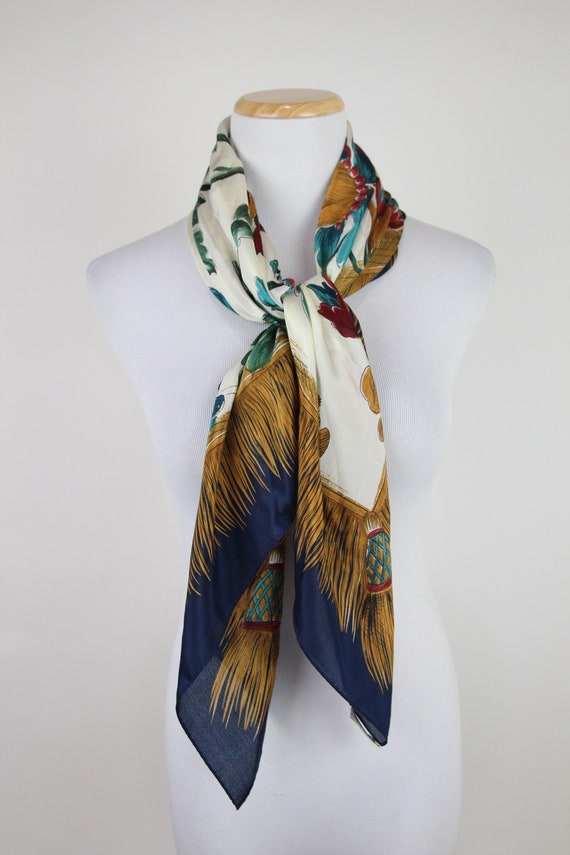 Vintage 90s Baroque Floral Print Silk Scarf, 35" … - image 5