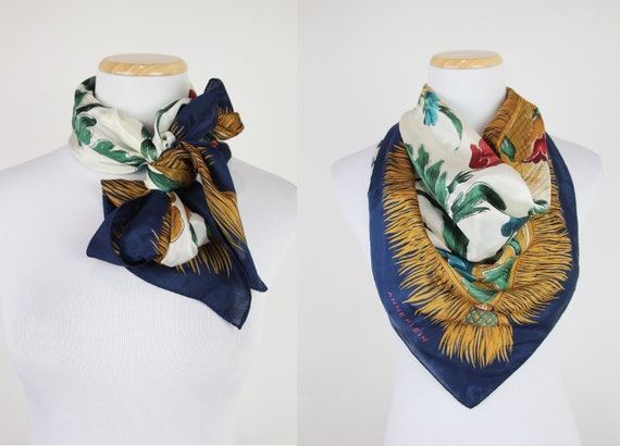 Vintage 90s Baroque Floral Print Silk Scarf, 35" … - image 2