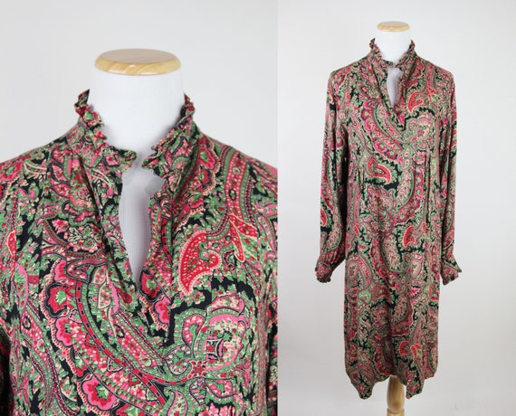 Vintage 70s Bold Paisley Print Shift Dress, SMALL,