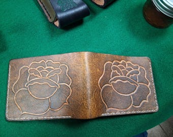 Portefeuille en cuir fait main, motif floral repoussé