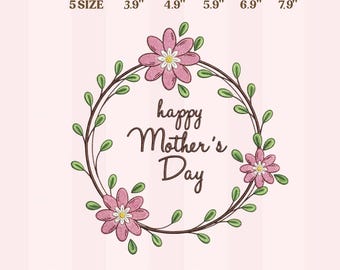 Happy Mother's Day bloemenkrans borduurontwerp, roze madeliefje cirkelframe, Moederdag machineborduurbestand