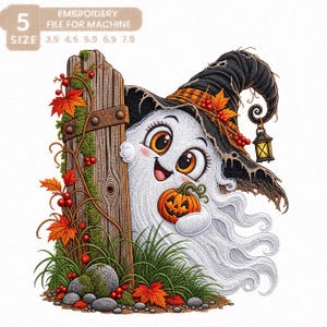 May include: An embroidery file for machine featuring a white ghost wearing a black witch hat with orange plaid trim, holding a small orange jack-o'-lantern. The ghost stands by a wooden fence post with autumn leaves, red berries, and a lantern.