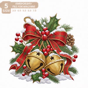 May include: An embroidery file for machine featuring two gold jingle bells, a red plaid ribbon, green holly leaves, pine needles, pinecones, and red berries, all dusted with white snow. Text reads: 5 SIZE EMBROIDERY FILE FOR MACHINE 3.9 4.9 5.9 6.9 7.9.