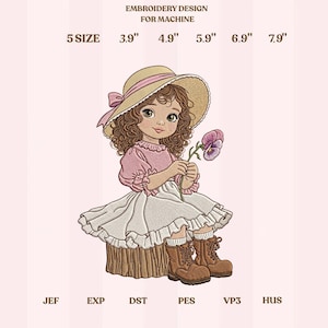 May include: Machine embroidery design of a girl with curly brown hair wearing a straw hat with a pink ribbon, a pink blouse, and a white skirt, sitting on a tree stump while holding a purple flower. Text includes EMBROIDERY DESIGN FOR MACHINE, 5 SIZE, 3.9", 4.9", 5.9", 6.9", 7.9", JEF, EXP, DST, PES, VP3, HUS.