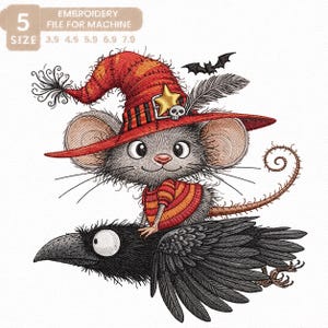 May include: An embroidery design file for machine featuring a grey mouse wearing a red and orange striped witch hat with a yellow star and skull emblem, riding a large black crow. The text reads 5 SIZE EMBROIDERY FILE FOR MACHINE 3.9 4.9 5.9 6.9 7.9.