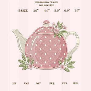 Pink Teapot Embroidery Design, Floral Tea Pot with Leaves, Cottage Kitchen Tea Pattern, 5 Sizes, Instant Digital Download