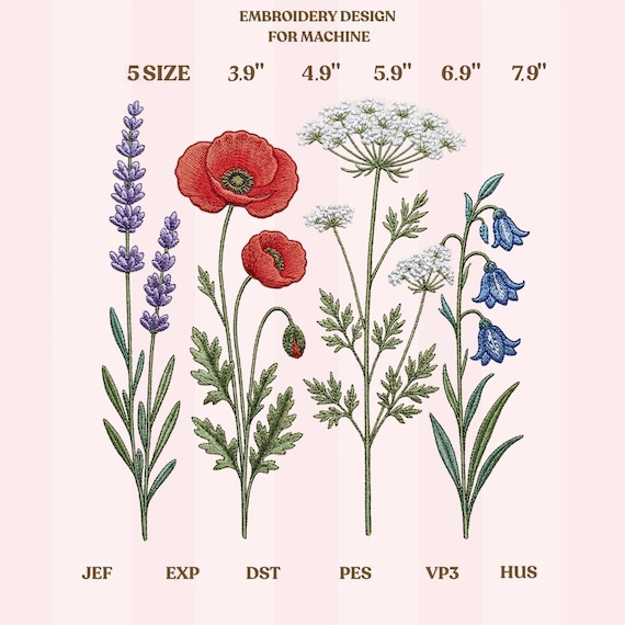 Wildflower Set Embroidery Design, Lavender Poppy Bell Flower Machine Embroidery File, Botanical Bundle Download