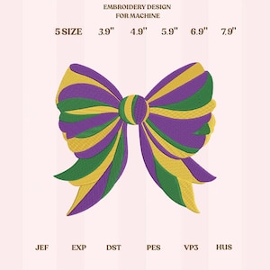 Mardi Gras Bow Embroidery Design, Purple Green Gold Bow File, Carnival Machine Embroidery
