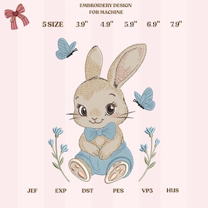 Söt kaninpojkebroderidesign, vårkanin med fjäril, maskinbroderimönster, digital babyfil
