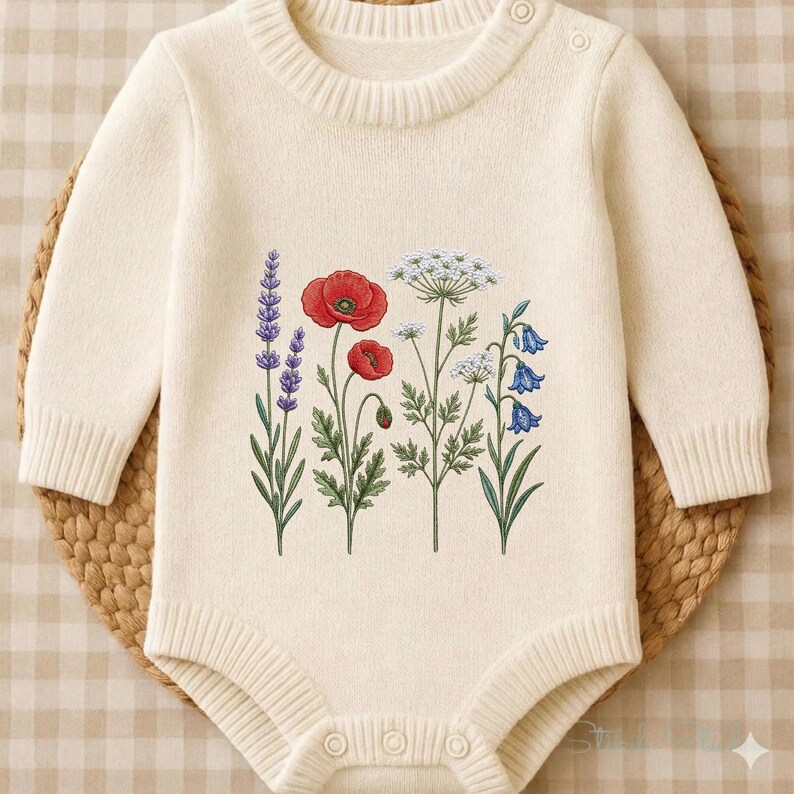 May include: A cream-colored long-sleeve knit bodysuit featuring a central graphic print of various wildflowers, including purple lavender, red poppies, white yarrow, and blue bellflowers, with a ribbed crew neckline and snap button closures.