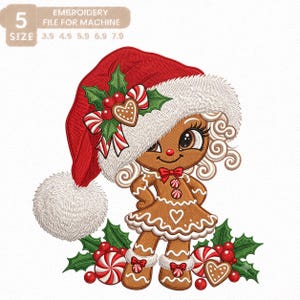 May include: An embroidery design file for a machine featuring a gingerbread character wearing a red Santa hat with white fur trim, green holly leaves, red berries, and candy canes. The character has white icing details and stands among peppermint candies.