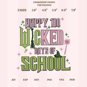 Diseño de bordado para los 100 días de escuela, archivo de puntadas escolares mágicas, cumpleaños del maestro/a