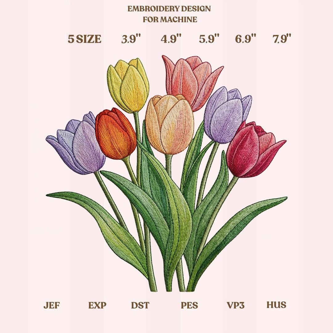 Tulip Bouquet Embroidery Design, Colorful Tulip Flowers Machine ...