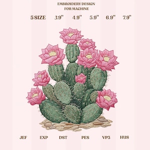May include: An embroidery design for machine featuring a detailed cactus with pink flowers. The design includes sizes from 3.9" to 7.9" and is labeled with various file formats. The text "EMBROIDERY DESIGN FOR MACHINE" is at the top.