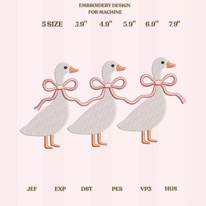 May include: Embroidery design for machine featuring three white geese with pink bows. The design is available in five sizes, ranging from 3.9 inches to 7.9 inches. The text "EMBROIDERY DESIGN FOR MACHINE" is at the top.
