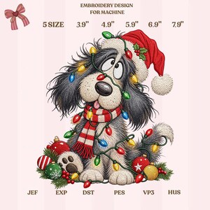 May include: An embroidery design for machine featuring a cartoon dog wearing a red Santa hat and a red and white striped scarf, tangled in colorful Christmas lights. The text reads EMBROIDERY DESIGN FOR MACHINE, 5 SIZE, 3.9", 4.9", 5.9", 6.9", 7.9", JEF, EXP, DST, PES, VP3, HUS.