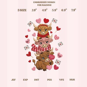 May include: An embroidery design for a machine shows three Highland cows, stacked with heart accents. The design includes sizes from 9.9 cm to 20.1 cm and the text "EMBROIDERY DESIGN FOR MACHINE". Hearts and envelopes are scattered around the cows.