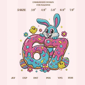Puede incluir: Un diseño de bordado para máquina con un conejo de dibujos animados sosteniendo el número 67 en forma de rosquilla. El diseño incluye un pollito amarillo, flores y un huevo de Pascua. Los tamaños de diseño varían de 9,9 cm a 20,1 cm.