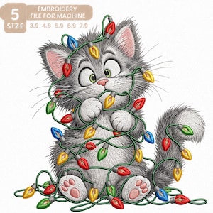 May include: An embroidery design of a fluffy gray kitten tangled in a string of colorful Christmas lights. The kitten has wide green eyes and pink paw pads. Text at the top reads 5 SIZE EMBROIDERY FILE FOR MACHINE 3.9 4.9 5.9 6.9 7.9.