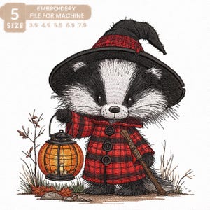 May include: An embroidery design file featuring a black and white badger wearing a red and black plaid coat and a matching witch hat. The badger holds a glowing orange lantern and a wooden staff. Text reads: 5 SIZE EMBROIDERY FILE FOR MACHINE 3.9 4.9 5.9 6.9 7.9.