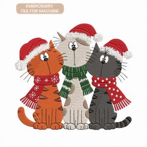 May include: An embroidery file for machine featuring three cats wearing red Santa hats. The orange cat wears a red scarf with snowflakes, the center cat wears a green scarf, and the black cat wears a red scarf with white dots.