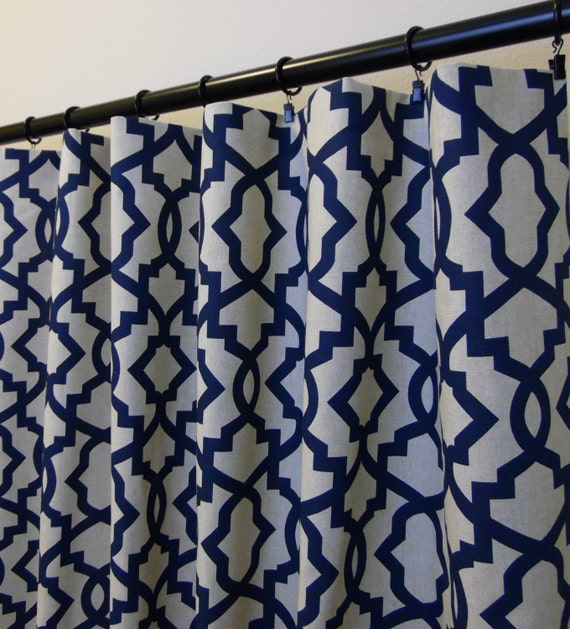 Navy Blue Beige Linen Sheffield Trellis Curtains Rod Pocket Etsy