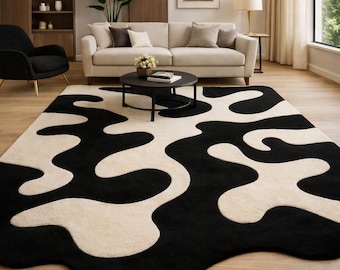 Modern Abstract Wavy Rug, Black Beige Organic Shape Carpet, Scandinavian Living Room Home Décor