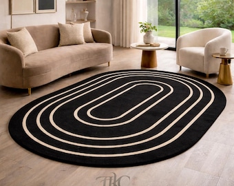 Abstract Oval Rug, Black White Geometric Tufted Carpet, Modern Minimalist Living Room Home