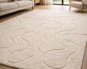 Cream Abstract Wool Tufted Area Rug, Sculpted Organic Shape Carpet
