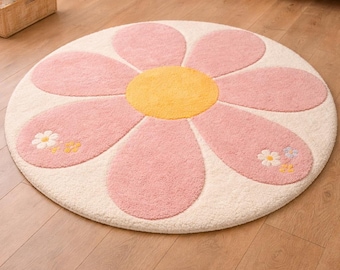 Handmade Pink Daisy Flower Rug, Soft Tufted Playroom Carpet, Baby Girl Room Decor