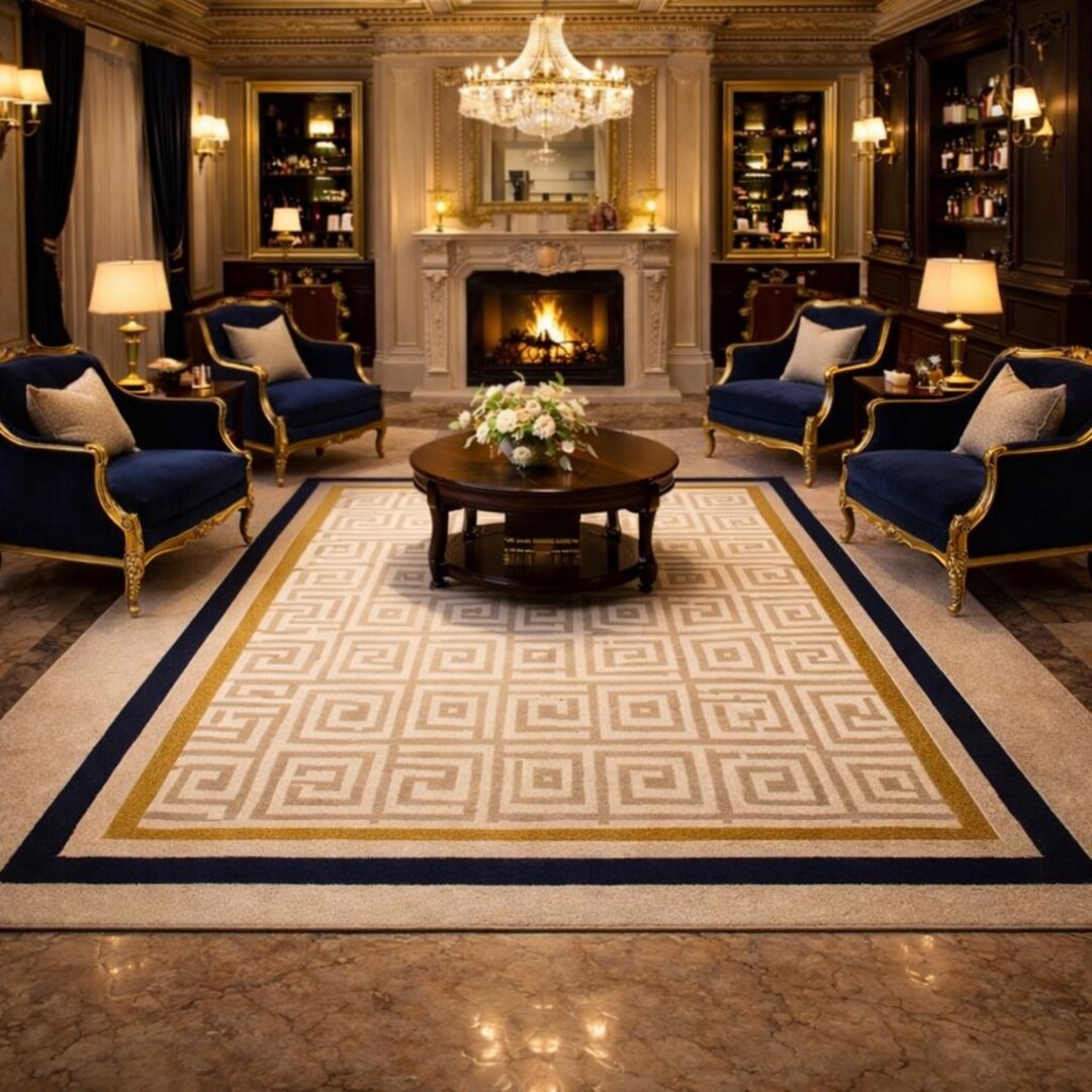 Handmade Cream Area Rug – Navy Blue Border, Modern Classic Style - Etsy